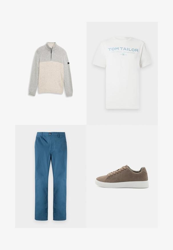 Pull en tricot gris clair et beige à motifs avec un col montant zippé à mi-hauteur, des poignets et un ourlet côtelés sur un fond uni.; T-shirt en coton blanc avec un imprimé bleu clair indiquant "TOM TAILOR", "THE CASUAL DEPARTMENT" et "1962". Col rond classique et manches courtes.; TOM TAILOR REGULAR WASHED - Chino - real teal blue; Baskets en daim marron avec des semelles en caoutchouc blanc plat, design lacé, bout rond et texture lisse. Style minimaliste avec des détails de couture subtils.