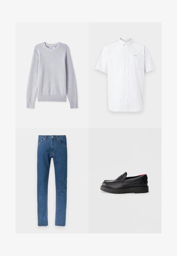 Pull en tricot gris clair avec un col rond, des manches longues, des poignets et un bas côtelés, présentant un motif de tissage texturé sur l'ensemble.; Chemise blanche à manches courtes avec boutons sur le devant, rayures verticales gris clair et une poche poitrine ornée d’un petit texte brodé.; Jean en denim bleu à coupe droite, avec cinq poches, accessoires métalliques et coutures contrastées. Texture lisse avec un design classique.; Chaussure noire en cuir à enfiler avec coutures de mocassin, semelle en caoutchouc et finition texturée. Présente une marque discrète sur le côté.