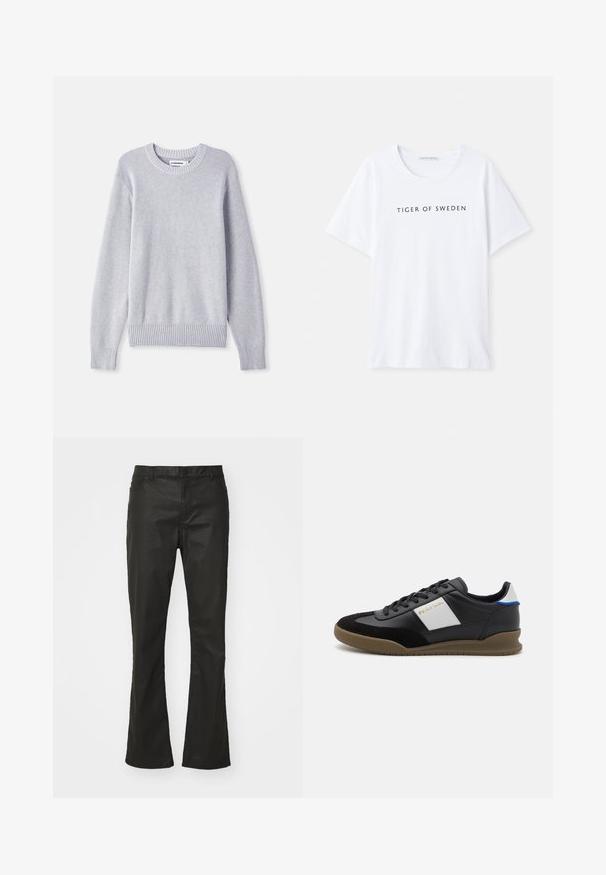Pull en tricot gris clair avec un col rond, des manches longues, des poignets et un bas côtelés, présentant un motif de tissage texturé sur l'ensemble.; T-shirt blanc à col rond et à manches courtes. Un texte noir indique "TIGER OF SWEDEN" centré sur le devant. Texture du tissu lisse.; Jean flare noir en tissu mélangé coton, avec fermeture à bouton, cinq poches et un subtil éclat sur la surface texturée.; Baskets en cuir noir et en nubuck avec un panneau gris, semelle en caoutchouc marron et accent bleu sur le talon. Elles disposent de lacets et d'un logo embossé.