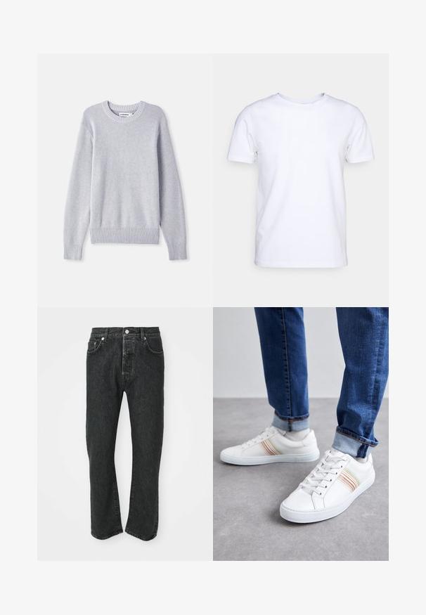 Lysegrå strikket sweater med rund halsudskæring, lange ærmer, ribbet manchetter og kant, prydet med et struktureret vævemønster hele vejen igennem.; Hvid kortærmet t-shirt i bomuldsstof med rund halsudskæring. Enkel design uden mønstre eller detaljer. Glat tekstur.; Sorte lige bukser i denim med frontknap og lynlås, front- og baglommer synlige på en hvid baggrund.; Hvide lædersneakers med multicolore striber, snørebåndsdesign, gummisål og polstret krave, parret med blå denimjeans.
