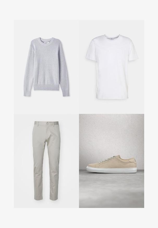 Lichtgrijze gebreide trui met een ronde halslijn, lange mouwen, geribbelde manchetten en onderrand, met een gestructureerd weefpatroon door de gehele trui.; Witte t-shirt met korte mouwen, gemaakt van katoen. Heeft een ronde halslijn en een comfortabele pasvorm zonder zichtbare patronen of accessoires.; Lichtgrijze katoenen broek met een recht pasvorm, platte voorkant en geen zichtbare zakken of versieringen. Gladde textuur, effen afwerking.; Beige suède sneaker met een ronde neus, witte rubberen zool en bijpassende veters. Minimalistisch ontwerp met subtiele stiksels.