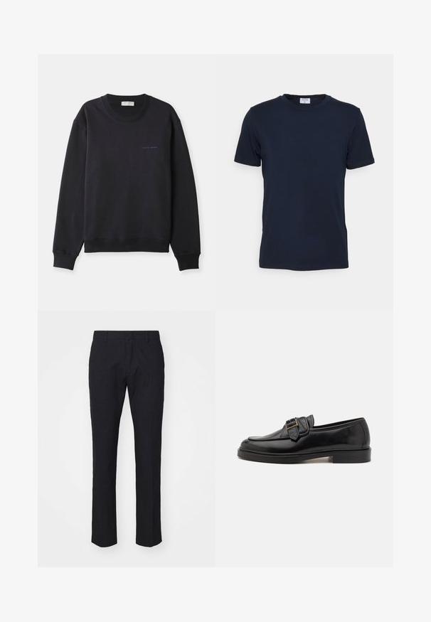 Sweatshirt bleu marine en coton doux, avec un col rond, des manches longues et un petit logo "Tiger of Sweden" en bleu contrastant.; T-shirt bleu marine à col ras du cou fabriqué en tissu doux. Manches courtes avec une coupe classique, avec une étiquette au niveau du col. Texture lisse, design minimal.; Pantalon bleu marine avec une coupe ajustée, fabriqué en tissu lisse. Il présente un devant plat, des passants de ceinture et des jambes droites avec un ourlet soigné.; Mocassins en cuir noir avec un bout arrondi et une boucle décorative. Talon plat, solide et texture lisse sur l'ensemble.