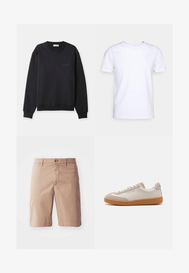 Marineblauwe sweatshirt van zachte katoen, met een ronde hals, lange mouwen en een klein 'Tiger of Sweden' logo in contrasterend blauw.; Witte katoenen t-shirt met korte mouwen en een ronde hals. Eenvoudig ontwerp zonder patronen of accenten. Glad textuur.; Beige katoenen shorts met een rechte pijp ontwerp, voorzien van een sluiting met een knoop aan de voorkant en riemlussen. Gladde textuur met minimale stikseldetails.; Witte en beige lage sneakers met een gumrubberen zool, witte veters, suède details en een gouden "Paul Smith" logo aan de zijkant.