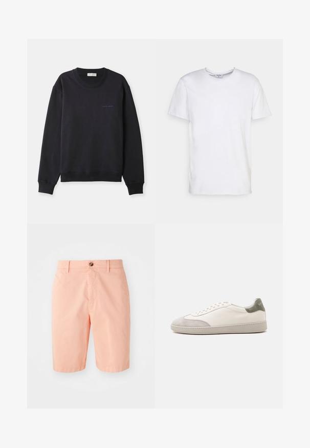 Sweatshirt bleu marine en coton doux, avec un col rond, des manches longues et un petit logo "Tiger of Sweden" en bleu contrastant.; T-shirt blanc à manches courtes en coton. Il présente un col rond et une coupe décontractée sans motifs ni accents visibles.; Shorts de couleur pêche en tissu léger, avec un design classique, une fermeture à bouton sur le devant et des poches latérales.; Baskets basses blanches avec accents en daim gris clair sur le bout et le talon, lacets blancs et semelle beige plate, vues de côté extérieur.