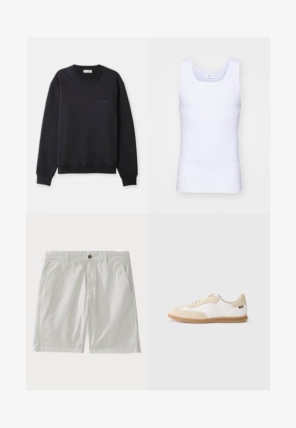 Marineblauwe sweatshirt van zachte katoen, met een ronde hals, lange mouwen en een klein 'Tiger of Sweden' logo in contrasterend blauw.; Witte katoenen mouwloze tanktop met een ronde halslijn, met een gladde textuur en een aansluitende pasvorm, ontworpen voor casual gebruik.; Witte katoenen shorts met een knoopsluiting, riemlussen en zijzakken. De stof lijkt glad met een klassieke, op maat gemaakte uitstraling.; Witte sneaker met lichtbeige suède accenten, geperforeerde details, platte veters en een zool van gumrubber. Voorzien van gestreepte branding op de hiel.