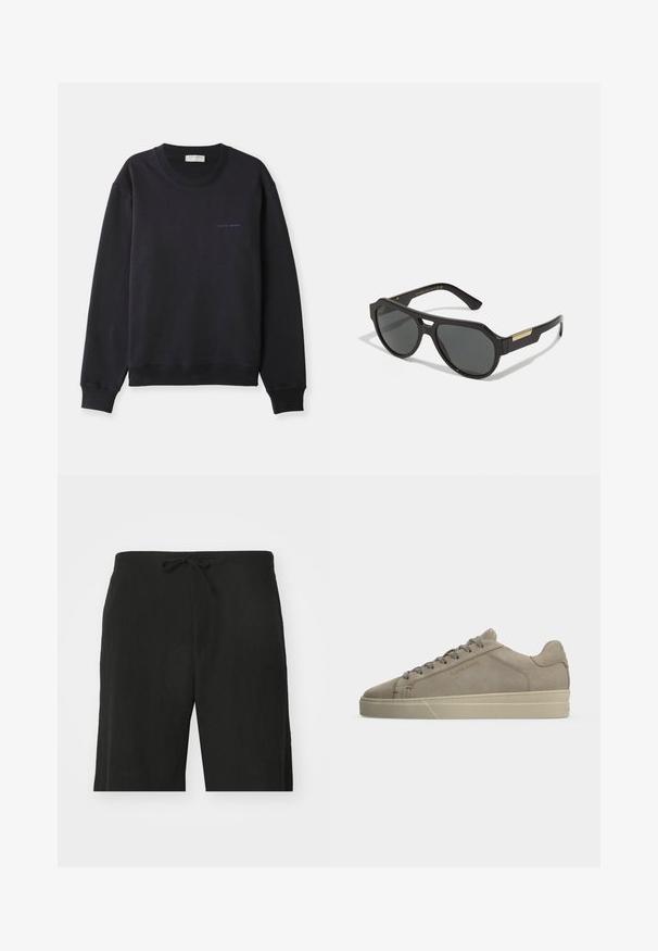 Navyblauer Sweatshirt aus weichem Baumwollstoff, mit Rundhalsausschnitt, langen Ärmeln und einem kleinen, kontrastierenden blauen "Tiger of Sweden"-Logo.; Schwarze Leinen-Shorts mit elastischem Bund, im entspannten Schnitt und knielanger Ausführung. Sanfte Textur, einfacher und klassischer Stil.; Beiger Wildleder-Low-Top-Sneaker mit tonalen Schnürsenkeln, cremefarbener Gummisohle und "FILLING PIECES" auf dem Seitenpanel geprägt.; Schwarze Sonnenbrille mit einem geometrischen Rahmen, getönten Gläsern und goldenen Akzenten an den Bügeln. Glattes Kunststoffmaterial mit mattem Finish.