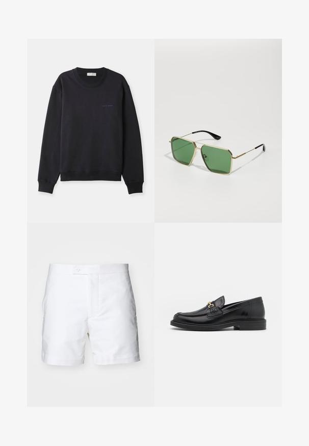 Sweatshirt bleu marine en coton doux, avec un col rond, des manches longues et un petit logo "Tiger of Sweden" en bleu contrastant.; Un short en coton blanc avec une coupe droite, deux poches latérales, une fermeture à bouton et une texture lisse et propre. Les finitions de l'ourlet sont soignées et pliées.; Mocassins en cuir noir avec un embout rond, présentant des accents en métal doré et des détails de couture, montés sur une semelle en caoutchouc texturé et basse.; Lunettes de soleil en métal doré avec des verres verts, de forme géométrique, et des embouts de branches en plastique noir. Construction légère avec des accents subtils.