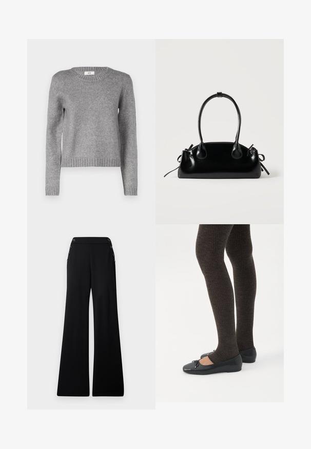 Pull en tricot gris avec un col rond et des manches longues. Présente un ourlet et des poignets côtelés ; texture douce, parfaite pour le superposition.; Pantalons larges noirs à taille haute avec des boutons décoratifs le long des coutures latérales supérieures, présentés sur un fond blanc.; Jambes portant des leggings côtelés foncés associés à des ballerines noires avec de petits détails en nœud sur fond blanc.; Petit sac à main noir brillant avec deux longues anses et des détails à cordon sur les côtés sur un fond clair uni.