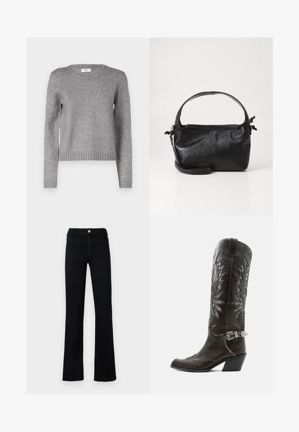 Pull en tricot gris avec un col rond et des manches longues. Présente un ourlet et des poignets côtelés ; texture douce, parfaite pour le superposition.; Jean droit noir taille haute avec poches avant plaquées et fermeture à bouton en cuivre sur un fond neutre.; Botte de cowboy en cuir noir avec découpes décoratives, boucle argentée et talon incliné, présentée sur fond blanc.; Sac à main en cuir noir au design structuré, avec une poignée arrondie et une bandoulière amovible. Présente une texture lisse et un éclat subtil.
