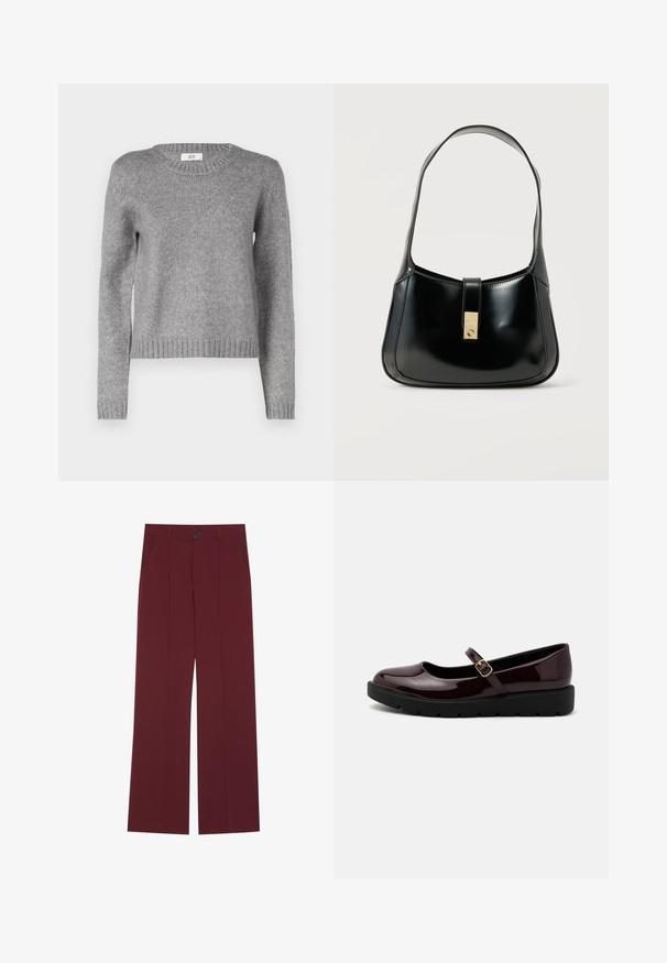 Pull en tricot gris avec un col rond et des manches longues. Présente un ourlet et des poignets côtelés ; texture douce, parfaite pour le superposition.; Pantalons bordeaux avec une coupe évasée, dotés d'une fermeture à bouton, de deux poches latérales et de détails plissés à l'avant. Texture de tissu lisse.; Chaussures Mary Jane vernies bordeaux avec un bout arrondi, une sangle à boucle réglable et une semelle plateforme texturée noire.; Sac à main en cuir noir brillant avec une seule bandoulière et une fermeture rectangulaire centrale dorée, sur un fond clair uni.