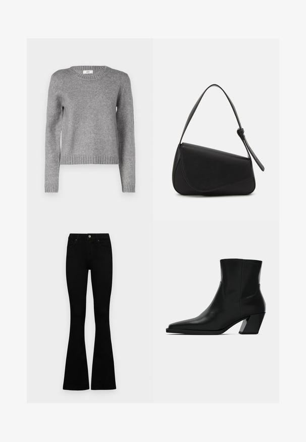 Pull en tricot gris avec un col rond et des manches longues. Présente un ourlet et des poignets côtelés ; texture douce, parfaite pour le superposition.; Jean noir taille haute avec fermeture à bouton et à zip, poches avant et jambes évasées, posés à plat sur un fond blanc.; Bottine en cuir noir avec un bout pointu, une silhouette élégante et un talon carré massif. Texture lisse avec des détails de couture minimalistes.; Sac à main en cuir noir de forme triangulaire, avec un rabat incliné et une poignée supérieure arrondie. Il présente une texture lisse et des détails de design minimalistes.