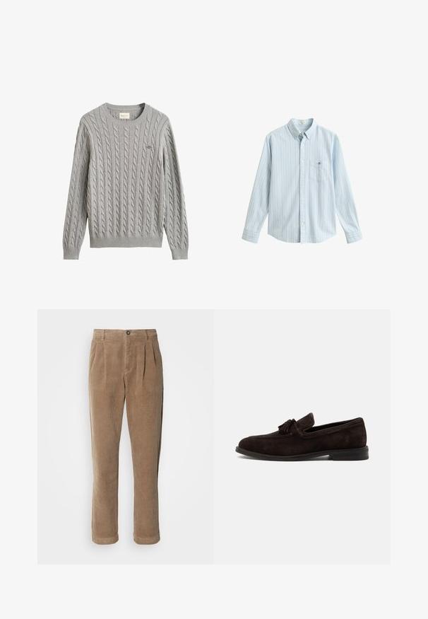 Jersey de punto trenzado gris claro con mangas largas, puños y bajo de canalé, cuello redondo y pequeño logo bordado en el pecho.; Camisa azul claro abotonada con delgadas rayas verticales blancas y naranjas, mangas largas, un bolsillo en el pecho y cuello abotonado.; Pantalones de pana marrones con un diseño de cintura alta, que presentan pliegues frontales, un cierre de botón y piernas rectas. Se puede ver la textura de la tela.; Mocasín de hombre de ante marrón oscuro con borlas, detalles cosidos y tacón bajo, mostrado de perfil sobre un fondo liso.