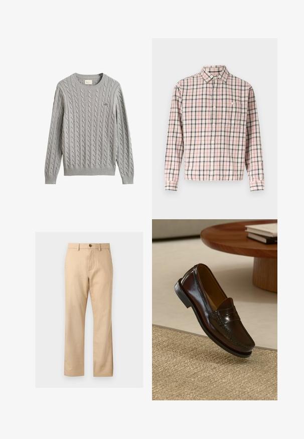 Lysegrå kabelstrikket sweater med lange ærmer, ribstrikkede manchetter og kant, rund halsudskæring og lille broderet logo på brystet.; Langærmet skjorte med knapper og tern i lyserød, hvid og grå, med en enkelt brystlomme med knap.; Beige bukser med lige ben, bæltestropper, frontknap, lynlås og sidelommer.; Brune læder loafers med en blank overflade, der har en syet detalje over fronten og en lavprofil sort gummisål.