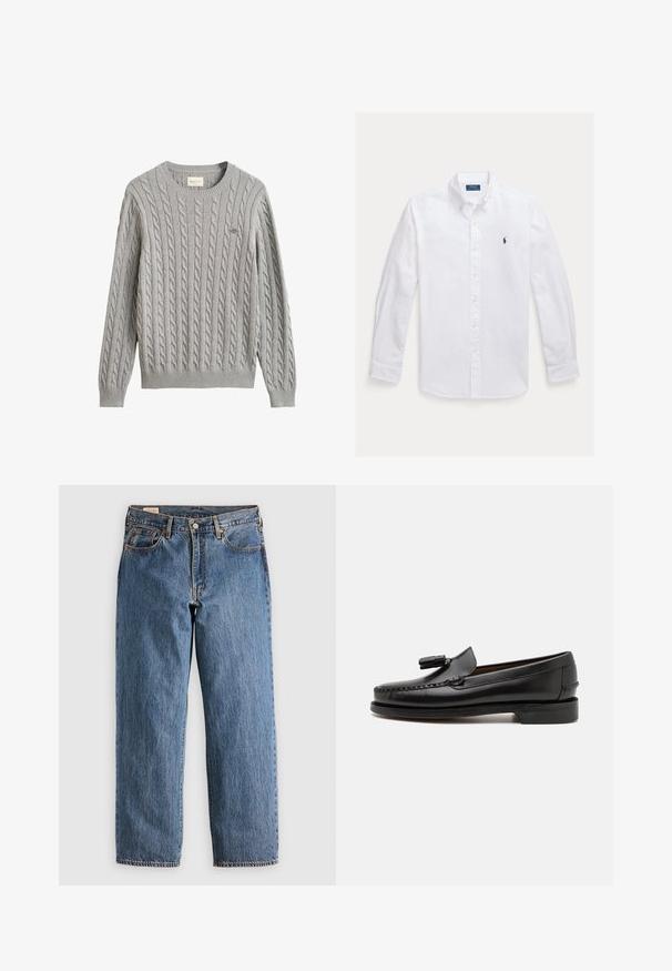 Jersey de punto trenzado gris claro con mangas largas, puños y bajo de canalé, cuello redondo y pequeño logo bordado en el pecho.; Camisa blanca de manga larga con botones y cuello puntiagudo, con un pequeño logo azul marino en el pecho izquierdo y botones amarillos. Textura de tela suave.; Jeans de mezclilla azul con un corte recto, que cuentan con una cintura alta, remaches de cobre y costuras naranjas. Incluyen bolsillos delanteros y traseros.; Mocasines de cuero negro con costuras de mocasín, punta redonda y acento de borlas. Tacón plano con una textura suave, diseñados para uso casual.