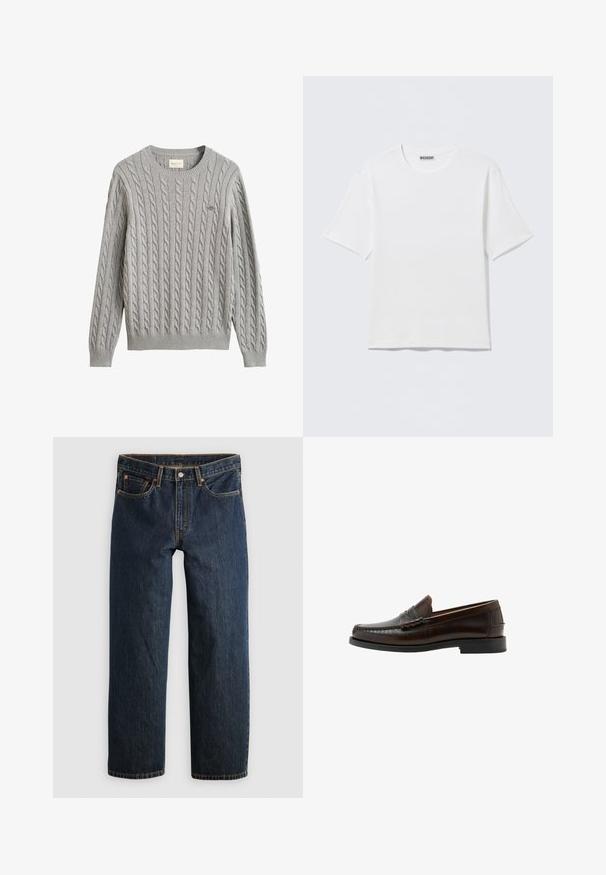 Jersey de punto trenzado gris claro con mangas largas, puños y bajo de canalé, cuello redondo y pequeño logo bordado en el pecho.; Camiseta blanca lisa de manga corta con cuello redondo y una pequeña etiqueta "WEEKDAY" en el interior del cuello trasero, mostrada sobre una superficie plana.; Vaqueros de mezclilla azul oscuro con corte recto. Presentan cinco bolsillos, costuras en contraste y cierre de botón en la cintura.; Mocasín penny de cuero marrón oscuro con puntera mocasín cosida, tacón bajo y acabado liso, mostrado en perfil lateral sobre fondo blanco.