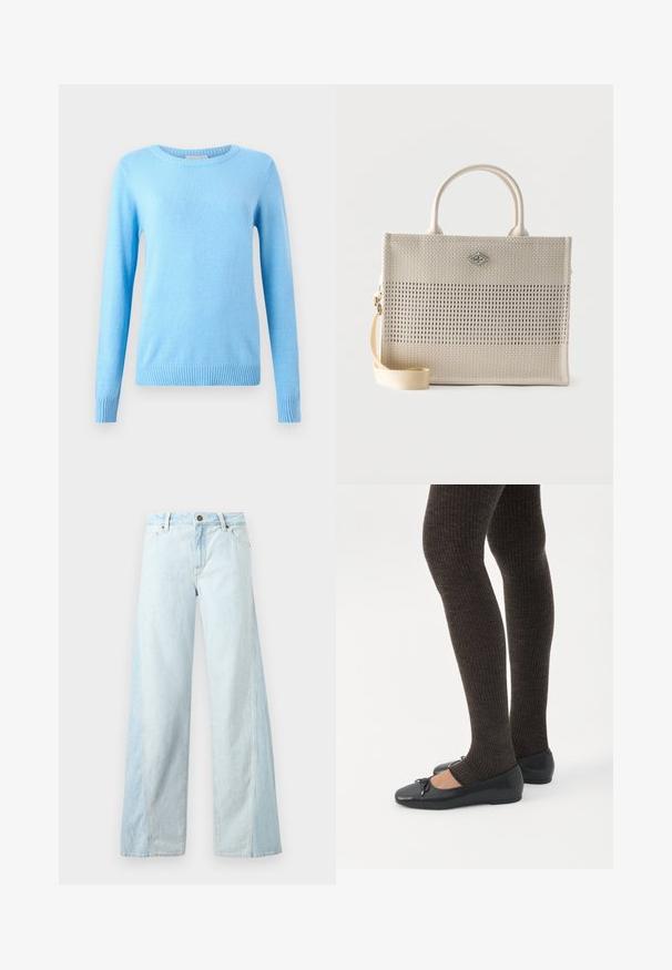 Pull tricoté bleu clair avec un col rond, des manches longues et des poignets côtelés. Texture douce, style ajusté et confection sans coutures.; Jean denim bleu clair à jambes larges avec boutons à l'avant, fermeture éclair, et poches avant, présenté sur un fond uni.; Jambes portant des leggings côtelés foncés associés à des ballerines noires avec de petits détails en nœud sur fond blanc.; Sac à main rectangulaire beige tissé avec poignées supérieures, bandoulière amovible et petit logo métallique Replay au centre avant.