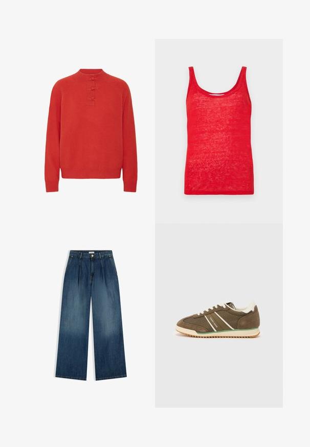 ICHI IHDASILA LONG SLEEVE - Pullover - fiery red; Débardeur sans manches rouge à encolure dégagée, fait d'un tissu léger et légèrement transparent, avec un ourlet droit et une texture lisse.; Jean en denim bleu taille haute, jambes larges, plis sur le devant, fermeture bouton et zip, poches latérales, posé à plat sur un fond blanc.; Tommy Jeans TJW LOW PROFILE - Baskets basses - homestead