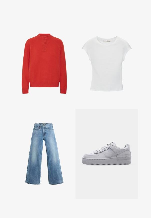 ICHI IHDASILA LONG SLEEVE - Striktrøje - fiery red; Hvid bomuld t-shirt med korte, opsmøgede ærmer, rund halsudskæring og lige kant. Glat tekstur uden synlige mønstre eller detaljer.; Levi's® 728 HR WIDE LEG HEADWINDS AHEAD. - Wide leg - headwinds ahead; Grå Nike Air Force 1 sneakers med perforeret tå, glat læderoverdel, tyk sål og præget 'AIR' detalje på hælen.