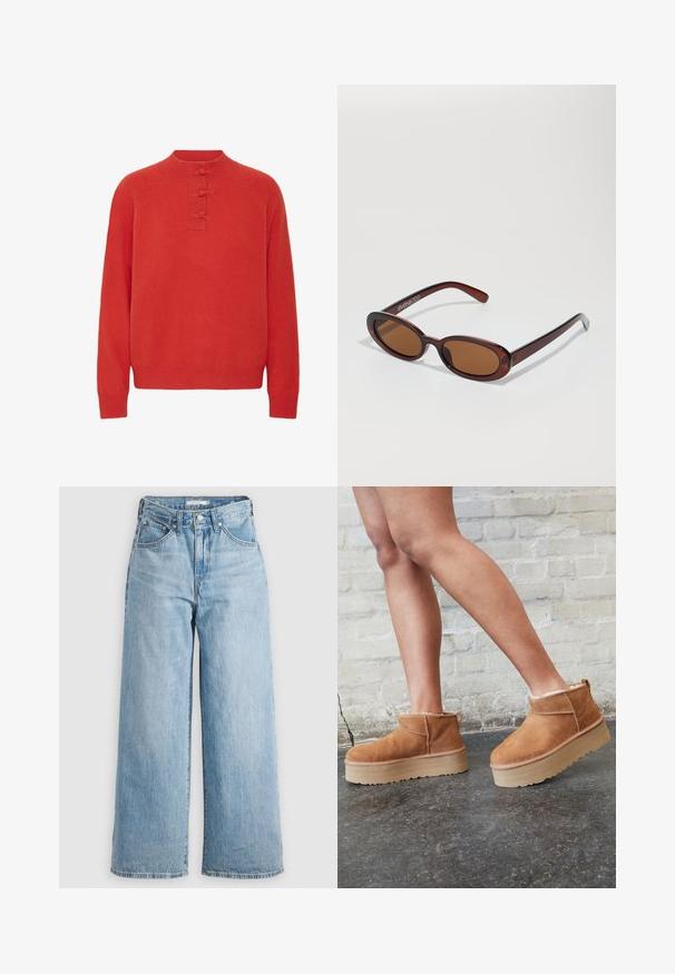 ICHI IHDASILA LONG SLEEVE - Jersey de punto - fiery red; Vaqueros de pierna ancha de color azul claro con una cintura alta, confeccionados en tejido de denimbre. Presentan un diseño clásico de cinco bolsillos y herrajes metálicos.; Botas de tobillo de ante marrón con forro suave, suela de plataforma gruesa beige y una lengüeta trasera. Superficie texturizada con detalles de costura visibles.; Gafas de sol redondas con tinte marrón y un marco burdeos brillante. Patillas delgadas con un sutil detalle de marca. Diseño de lentes planos.