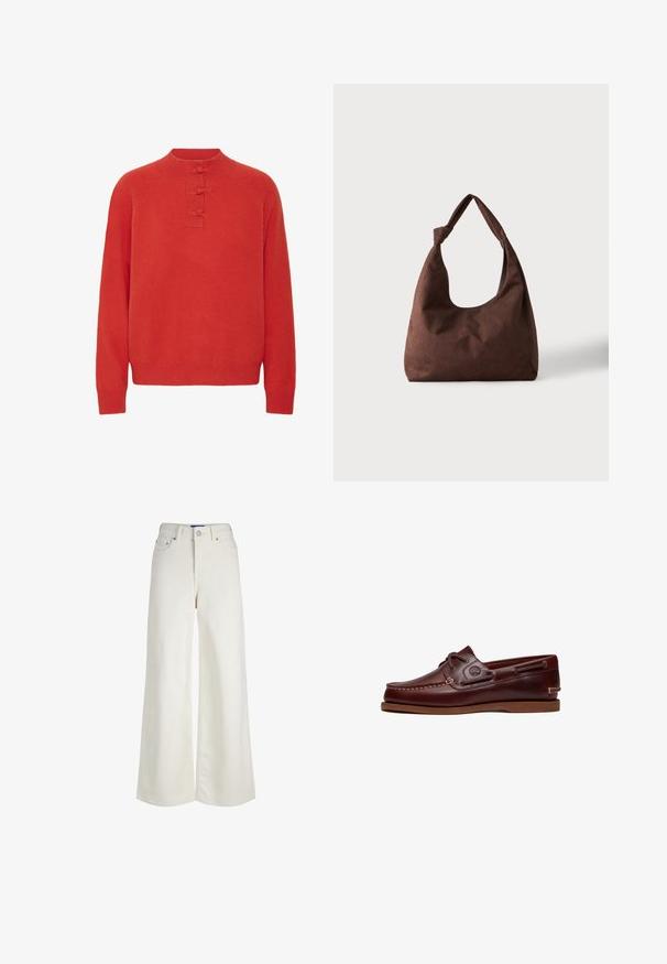 ICHI IHDASILA LONG SLEEVE - Pullover - fiery red; Jean en denim blanc taille haute à jambes larges, fermeture à boutons et zip devant, passants pour ceinture et détails de poches.; Chaussure bateau en cuir marron avec lacets, détails de couture et logo Timberland sur le côté, présentée sur un fond blanc.; Sac à main en tissu marron texturé avec une seule anse nouée, présenté sur un fond clair uni.