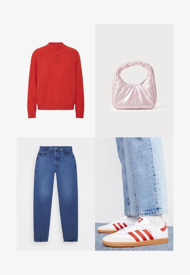 ICHI IHDASILA LONG SLEEVE - Neule - fiery red; Siniset farkut suoran lahjeleikkauksen, viiden taskun, kuparisella niitillä ja haalistuneella pinnalla. Klassinen vyötärö, jossa on vetoketjukiinnitys.; Valkoiset nahkakengät, joissa on punaiset raidat ja yksityiskohdat. Varustettu puurakenteisella kumipohjalla ja pehmustetulla kauluksella. Yhdistetty vaaleansinisiin farkkuihin.; Vaaleanpunainen, pehmustettu käsilaukku, jossa on pyöristetty muotoilu ja joka on valmistettu kiiltävästä materiaalista. Siinä on rypistetty kahva ja vetoketjukiinnitys turvallista pääsyä varten.