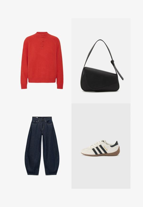 ICHI IHDASILA LONG SLEEVE - Neule - fiery red; Tummansiniset leveälahkeiset farkut, joissa on etutaskut, vyölenkit ja napillinen vyötärön suljin.; Valkoinen Adidas-tennari mustilla raidoilla, ruskealla teksturoidulla pohjallisella ja sivussa olevalla "SPEZIAL"-kultakirjoituksella, nähtynä ulkopuolelta.; Mustapohjainen nahkalaukku, jossa on kolmionmuotoinen muoto, kulmatasku ja pyöreä yläkädensija. Siinä on sileä pinta ja minimalistinen muotoilutyyli.