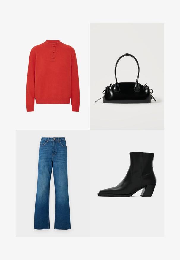 ICHI IHDASILA LONG SLEEVE - Striktrøje - fiery red; Bredde ben blå denim jeans med høj talje, lys falmning og klassisk fem-lomme design; har guldfarvet metal hardware og stikninger i kanten.; Sortlæder ankelstøvle med spids tå, en slank silhuet og en kraftig firkantet hæl. Glat tekstur med minimale stikninger.; Lille sort blank håndtaske med to lange håndtag og snøre-detaljer i siden på en ensfarvet lys baggrund.