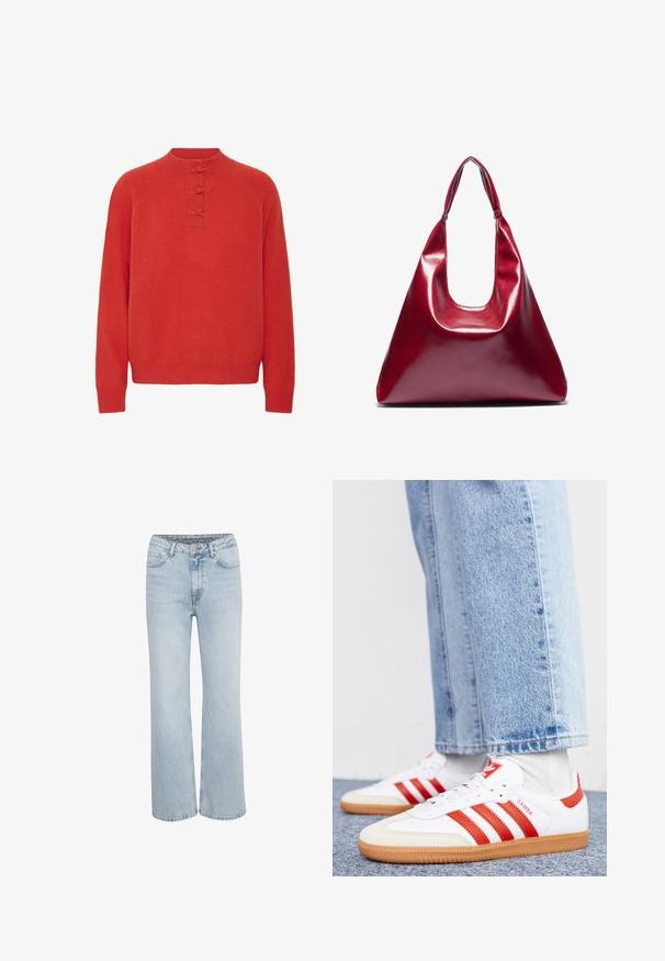 ICHI IHDASILA LONG SLEEVE - Svetrík - fiery red; Svetlomodré vysoké džínsy s širokých nohavicami, predným zapínaním na gombík a zips, a piatimi vreckami.; Biele kožené tenisky s červenými pruhmi a akcentmi. Majú štruktúrovanú gumovú podrážku a polstrovaný golier. Nosené s svetlomodrými džínsami.; Červená lesklá kožená kabelka trojuholníkového tvaru so širokým vrchným otvorom a jedným zakriveným uchom. Hladký povrch s minimálnymi švami.