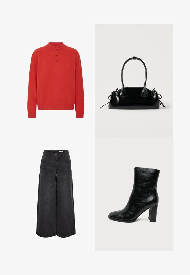 ICHI IHDASILA LONG SLEEVE - Pullover - fiery red; Pantalons en denim noir à jambes larges avec taille haute, poches avant et texture subtile ; conçus pour un ajustement décontracté.; Bottine en cuir noir brillant avec un bout arrondi et un talon haut épais sur un fond clair uni.; Petit sac à main noir brillant avec deux longues anses et des détails à cordon sur les côtés sur un fond clair uni.