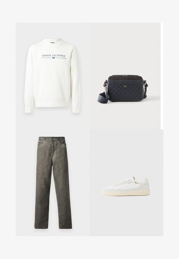 Sweatshirt blanc avec col rond, manches longues et poignets côtelés. Présente un logo imprimé "Armani Exchange 1991" en bleu et vert.; Pantalon gris à jambes droites en tissu de coton doux avec une texture lisse. Comprend des poches avant et une fermeture à bouton.; Baskets blanches avec dessus en daim et cuir texturé. Caractérisées par un bout arrondi, une fermeture à lacets et une semelle en caoutchouc beige contrastante.; Sac bandoulière rectangulaire bleu foncé avec sangle réglable, fermeture éclair et motif subtil du logo sur le panneau avant.