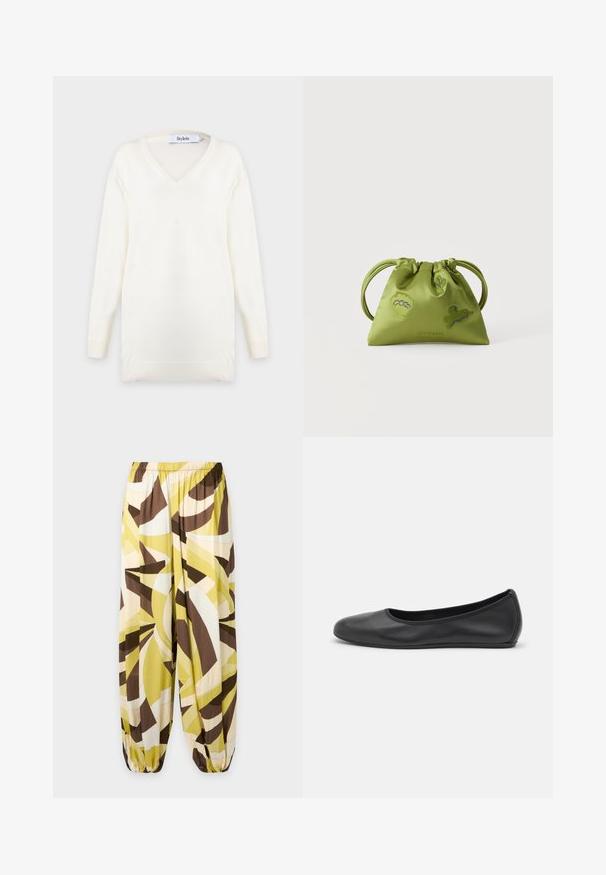Pull blanc à manches longues avec col en V, poignets et ourlet côtelés, présenté sur un fond clair uni.; Pantalon ample avec taille et poignets élastiques, présentant un motif abstrait dans des tons jaunes, marron, beige et blanc.; Ballerines en cuir noir avec un bout rond, texture lisse, détails de couture minimalistes et design de semelle flexible.; Sac à main vert à cordon avec deux poignées, décoré de formes abstraites bleues et vertes brodées, sur un fond blanc uni.
