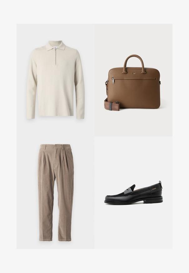 Polo à manches longues de couleur crème avec une fermeture éclair au col, fabriqué en tissu doux et texturé, avec une coupe classique et un design minimaliste.; Pantalon en velours côtelé beige avec une coupe décontractée, présentant des plis, une fermeture à bouton, des poches latérales, une surface texturée et un design de jambe fuselée.; Mocassin en cuir noir avec détail de bride grise, talon bas et semelle texturée, marqué "HUGO" en or sur le côté.; Mallette en cuir marron avec poignées supérieures, poche avant zippée et bandoulière assortie amovible sur fond blanc.