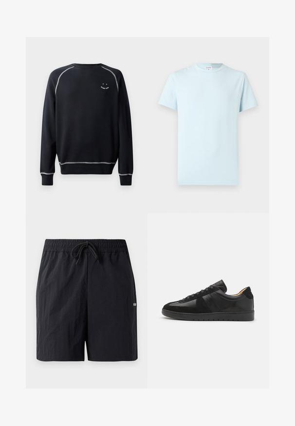 Zwarte sweatshirt met een ronde hals, lange mouwen en contrasterende witte stiksels. Heeft een kleine grafische afbeelding op de borst. Zachte stofstructuur.; Lichtblauw T-shirt met korte mouwen gemaakt van zacht katoen. Voorzien van een klassieke ronde hals en een minimalistisch ontwerp, zonder patronen of accenten.; Zwarte zwembaden met een textuurstof, voorzien van een elastische tailleband met trekkoord en een klein logo aan de zijkant.; Tiger of Sweden BELLICU - Sneakers laag - black