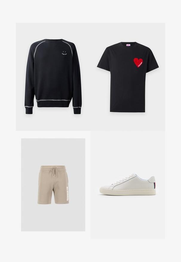 Zwarte sweatshirt met een ronde hals, lange mouwen en contrasterende witte stiksels. Heeft een kleine grafische afbeelding op de borst. Zachte stofstructuur.; Zwarte katoenen t-shirt met een rode hartpatch waarop het woord "FUTURE" in witte tekst staat. Korte mouwen en een ronde hals.; Lichtbeige shorts van zachte stof, met een elastische tailleband met trekkoord en een wit logo-detail op het linkerbeen.; Witte leren sneaker met een gladde textuur, ronde neus, platte zool en tonale veters. Kenmerkt zich door een kleurrijke gestreepte accent op de hiel.
