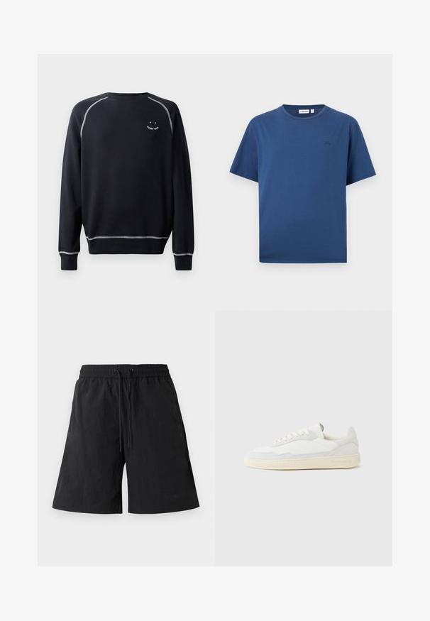 Zwarte sweatshirt met een ronde hals, lange mouwen en contrasterende witte stiksels. Heeft een kleine grafische afbeelding op de borst. Zachte stofstructuur.; Effen blauw T-shirt met korte mouwen en ronde hals, met een klein tonaal logo op de linkerborst, weergegeven tegen een witte achtergrond.; Zwarte shorts van lichtgewicht stof met een gestructureerd oppervlak, voorzien van een elastische tailleband en trektouwtjes voor een verstelbare pasvorm.; Witte sneaker met een bovenwerk van gestructureerd suède en leer. Voorzien van een afgeronde neus, vetersluiting en een contrasterende beige rubberen zool.