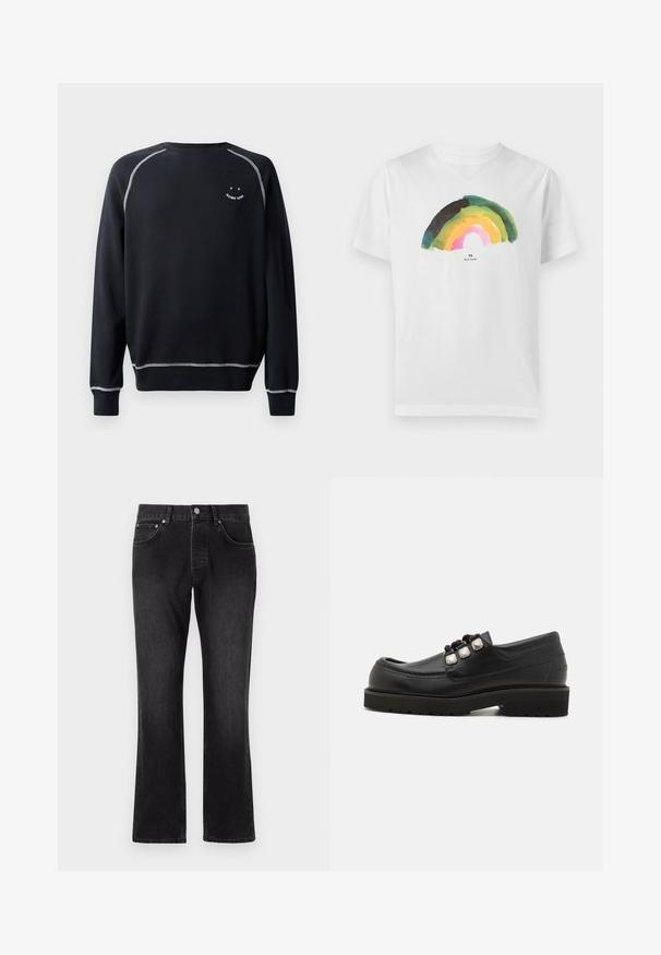 Schwarzer Sweatshirt mit Rundhalsausschnitt, langen Ärmeln und kontrastierenden weißen Nähten. Beinhaltet ein kleines Grafikdesign auf der Brust. Weiche Stofftextur.; Weißes T-Shirt mit kurzen Ärmeln und einem Aquarellregenbogen in Grün-, Gelb- und Rosa-Tönen, mittig auf der Brust.; Schwarze Denim-Jeans mit geradem Bein, mittlerer Taillenhöhe, Fronttaschen und klassischem Knopfverschluss.; Schwarze Lederloafers mit rundem Zehenbereich, ausgestattet mit drei metallischen Akzenten und einer strukturierten Sohle für besseren Halt. Glattes Obermaterial und gestickte Details.