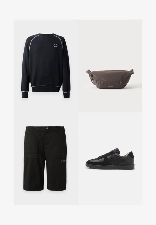 Zwarte sweatshirt met een ronde hals, lange mouwen en contrasterende witte stiksels. Heeft een kleine grafische afbeelding op de borst. Zachte stofstructuur.; Zwarte cargoshorts van katoen, met knoopsluiting, twee zijzakken en subtiele borduursels van "LES BENJAMINS" aan de voorkant.; Tiger of Sweden BELLICU - Sneakers laag - black; Donkerbruine stoffen heuptas met diagonale ritssluiting en klein wit logo aan de voorkant, tegen een effen lichte achtergrond.