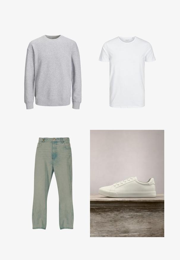 Sweatshirt gris avec un col rond, des manches longues et des poignets et un ourlet côtelés. Fabriqué dans un tissu doux, il présente une coupe décontractée sans motifs ni accents.; T-shirt à col rond à manches courtes de couleur blanche unie, fabriqué en coton doux, avec un design simple sans motifs ni accents visibles.; Jean droit bleu clair avec bouton à l'avant, passants pour ceinture et poches avant, présenté sur un fond blanc.; Sneaker en dentelle blanche flottant au-dessus d'un banc en bois avec un feuillage vert en arrière-plan, mettant en valeur le design et la texture de la chaussure.