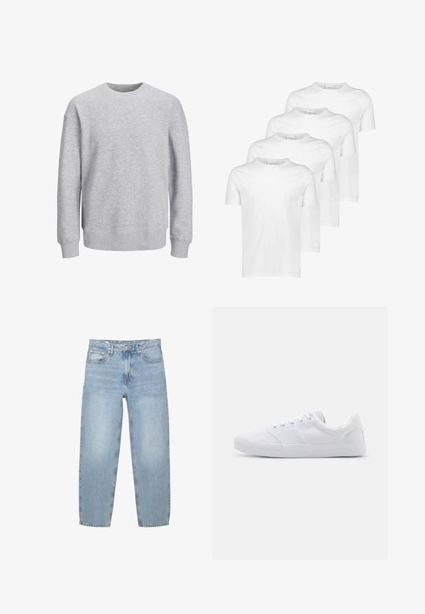 Sweatshirt gris avec un col rond, des manches longues et des poignets et un ourlet côtelés. Fabriqué dans un tissu doux, il présente une coupe décontractée sans motifs ni accents.; T-shirts en coton blanc, à manches courtes, col rond, texture lisse, quatre pièces empilées avec un design uniforme et sans motifs ni accents.; Jean en denim bleu clair, coupe ample, taille haute, design à cinq poches, braguette à boutons et zip, jambes droites avec un ourlet légèrement effiloché.; Baskets en toile blanches avec une semelle en caoutchouc, dotées de six œillets, d'un embout texturé et d'un design minimaliste.