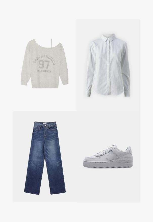 Even&Odd Sweatshirt - mottled light grey; Hvid skjorte med knapper lavet af glat bomuld, der har en klassisk krave, lange ærmer og en buet kant. Knapperne er små og hvide.; Vidbenede denimjeans i mørkeblå, med høj talje, tydelige falmninger foran og klassisk femlomme-design.; Grå Nike Air Force 1 sneakers med perforeret tå, glat læderoverdel, tyk sål og præget 'AIR' detalje på hælen.
