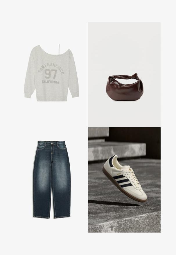 Even&Odd by Zalando Sweatshirt - mottled light grey; Mørkeblå jeans med brede ben og let falmet på forsiden af lårene, fem lommer, knaplukning og bæltestropper, vist fladt på hvid baggrund.; Hvid Adidas Samba sneaker med sorte striber og gummsål, svævende over teksturerede grå betonstrin.; Mørkebrun læder skuldertaske med en blød, afslappet form og et snoet knudehåndtag på en ensartet hvid baggrund.