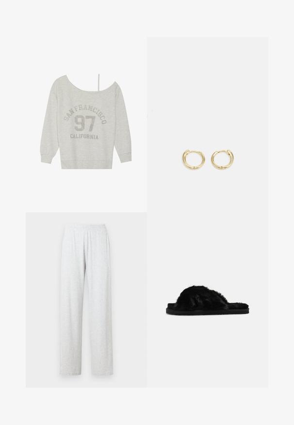 Even&Odd by Zalando Sweatshirt - mottled light grey; Pantalon gris clair en mélange de coton avec taille élastique et deux poches latérales. Coupe droite avec une finition douce légèrement texturée.; Sandales glissantes noires en fourrure avec une texture douce, un design à bout ouvert et une semelle noire plate. Pas de matériel ou de motifs visibles.; Boucles d'oreilles en or en forme de rond lisse et arrondi. Équipées d'une petite fermeture à charnière, d'une apparence légère et d'une finition polie.