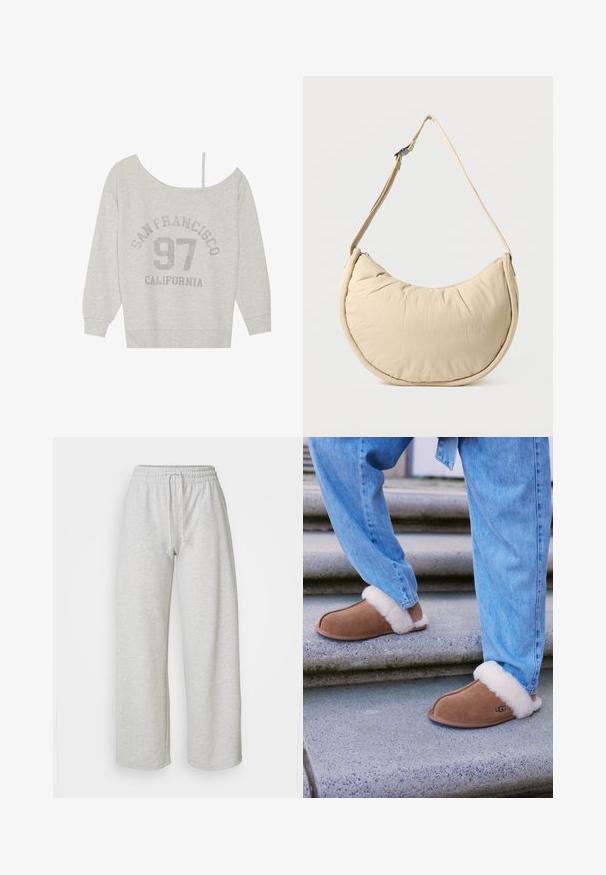 Even&Odd Sweatshirt - mottled light grey; Even&Odd Petite Træningsbukser - mottled light grey; Brune ruskind tøfler med hvid faux pelsforing, rund tå og gummisål, parret med blå denim jeans på granittrapper.; Beige skuldertaske i halvmåneform med en blød, polstret overflade. Har justerbar rem og lynlås langs den øverste kant.