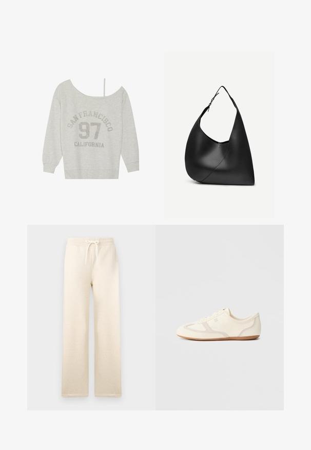 Even&Odd by Zalando Sweatshirt - mottled light grey; Kræmfarvede sweatpants lavet af blødt stof, med en elastisk talje med snor, brede ben og ingen synlige mønstre.; Sneakers i cremefarve med overdel i ruskind og stof, rundet tå og gummisål med beige detaljer. Snørelukning.; Sort læder skuldertaske med buet trekantet form, enkelt justerbart rem og synlig diagonal søm foran.