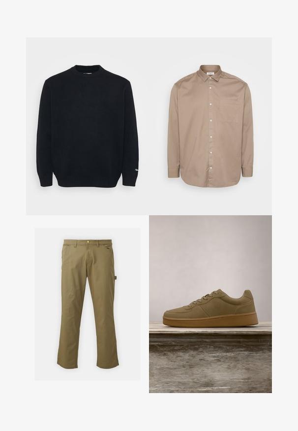 Sort strikket crewneck sweater med lange ærmer og ribbede manchetter og kant, præsenteret på en ensfarvet lys baggrund.; Længærmet skjorte i tan med knapper, krave, enkelt brystlomme og subtil tekstur. Fremstillet af letvægtsstof og med hvide knapper.; Kaki bukser lavet af glat stof, med knaplukning, bæltestropper, to forlommer og en sidelomme, i lige ben design.; Olivengrøn sneaker med snørebånd, der svæver over en træbænk, med sløret grønt løv i baggrunden.