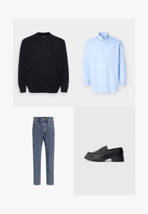 Sort strikket crewneck sweater med lange ærmer og ribbede manchetter og kant, præsenteret på en ensfarvet lys baggrund.; Lyseblå langærmet skjorte med knapper, spids krave og brystlomme, vist på en ensfarvet hvid baggrund.; Lyseblå denimjeans med fem lommer, lige ben, knaplukning og bæltestropper, vist mod en ensfarvet baggrund.; Sorte læder loafers med en rund tå, prydet med en dekorativ rem og en kraftig gummisål med dybe riller for grip.