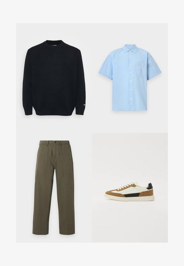 Sort strikket crewneck sweater med lange ærmer og ribbede manchetter og kant, præsenteret på en ensfarvet lys baggrund.; Lyseblå kortærmet skjorte med knapper, lavet af bomuld. Har en brystlomme med ordet "obey" broderet i hvid.; Olivengrønne bukser med lige ben, bæltestropper, knaplukning foran og sidelommer, vist på en hvid baggrund.; Sko i en blanding af hvide, brune og sorte materialer, med et design i ruskind og læder, rund tå og en flad gummisål.