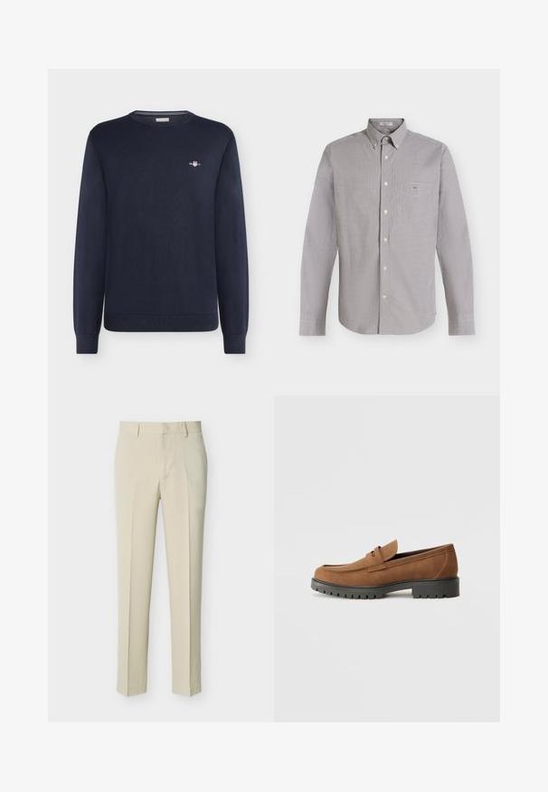 Pull bleu marine à manches longues avec col rond, petit logo blanc et rouge sur la poitrine gauche, poignets et ourlet côtelés.; Chemise à manches longues boutonnée avec petit motif à carreaux noir et blanc et une poche poitrine sur fond clair.; Pantalon beige coupé droit avec passants de ceinture et fermeture éclair à l'avant, présenté sur un fond clair uni.; Mocassins en daim marron avec un bout arrondi et une semelle noire en caoutchouc basse, présentant une sangle décorative et des détails de couture sur le dessus.
