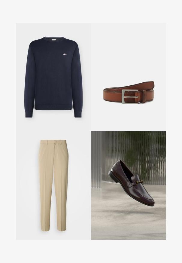 Pull bleu marine à manches longues avec col rond, petit logo blanc et rouge sur la poitrine gauche, poignets et ourlet côtelés.; Pantalon beige à jambes droites, confectionné dans un tissu lisse, avec un devant plat et sans poches ni ornements visibles.; Mocassin en cuir marron à finition lisse, bout carré, et accent en métal doré. Dispose d'un talon bas et de détails de couture subtils.; Ceinture en cuir brun avec une boucle rectangulaire en argent, présentant des détails de couture subtils et une texture lisse.