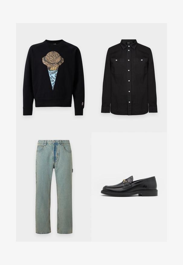 Sweatshirt noir avec un imprimé graphique d'un cornet de glace avec une boule texturée, rehaussé de détails bleus et dorés.; Chemise noire à manches longues avec col pointu et deux poches poitrine à l'avant, chacune fermée par un bouton blanc.; Jean en denim bleu clair, coupe ample, avec cinq poches, une fermeture à bouton et des coutures visibles. Le tissu présente une apparence texturée et décolorée.; Mocassins en cuir noir avec un embout rond, présentant des accents en métal doré et des détails de couture, montés sur une semelle en caoutchouc texturé et basse.